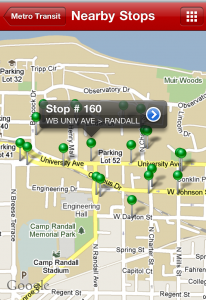 Nearby bus stops, including stop detail